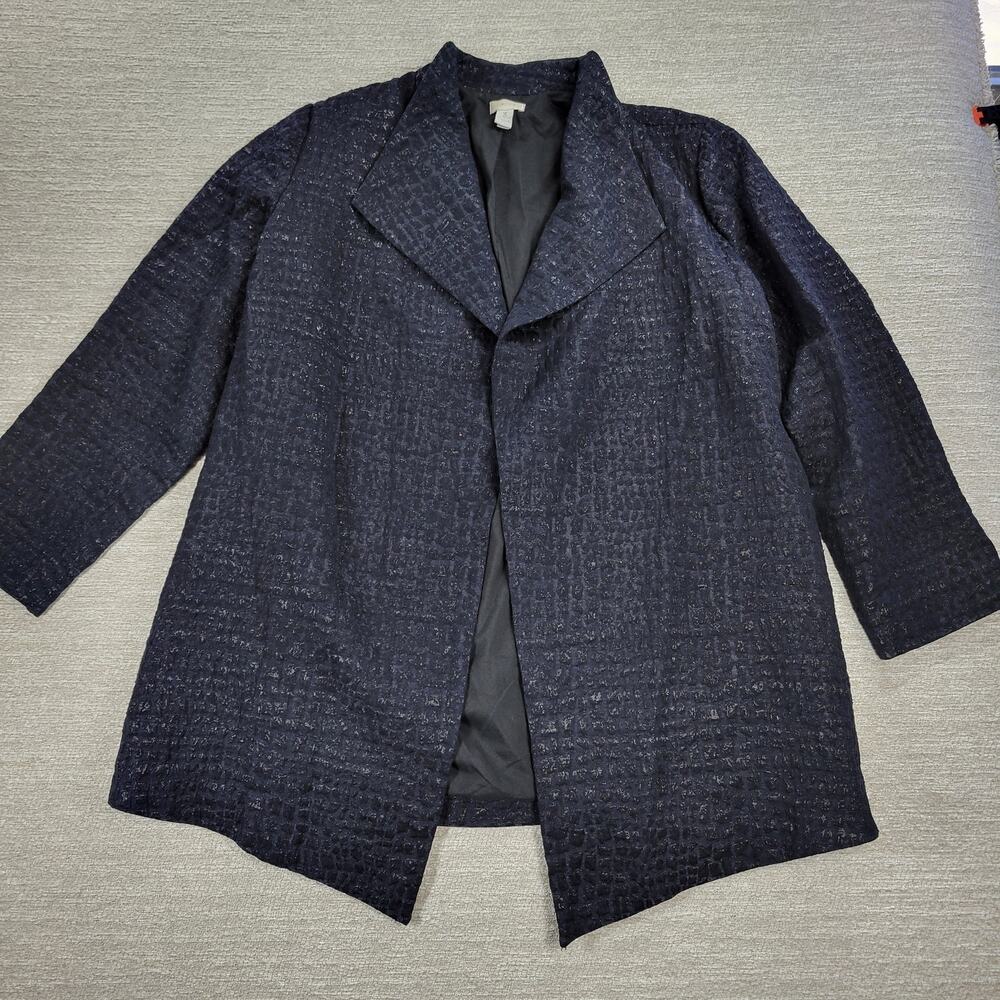 Chicos Jacquard Jacket Womens XL Smoke Gray Textured Long Line Open Front Draped